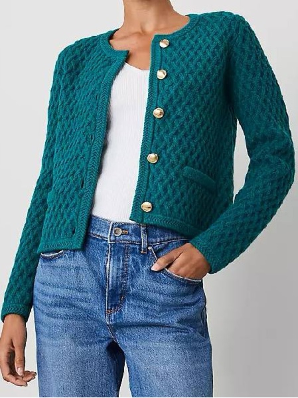 Ann Taylor Emerald Green Knit Sweater Cardigan Gold Tone Buttons Small
